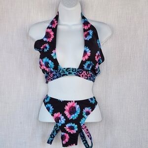 Bikini Set Retro Fashion Print Neck Split Sexy Black With Sunflowers Large